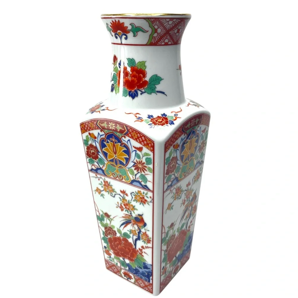 Japanese Imari Square Vase w/ Chrysanthemum & Pheasant Gold Rim 10
